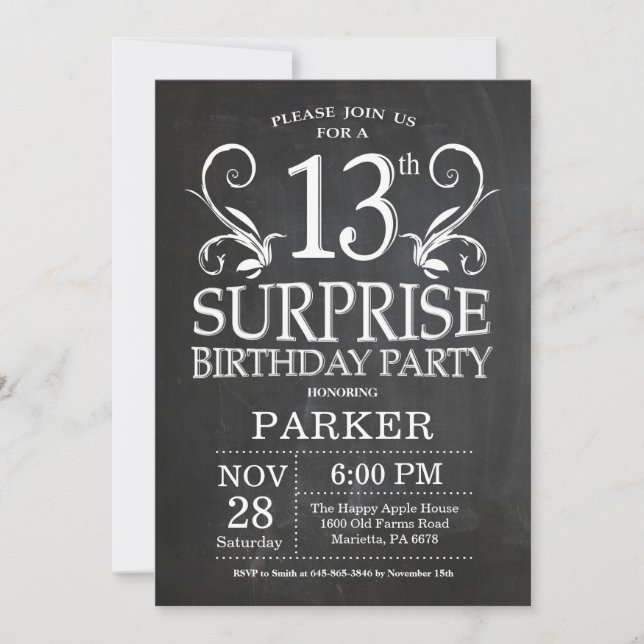 Surprise 13th Birthday Invitation Chalkboard (Front)
