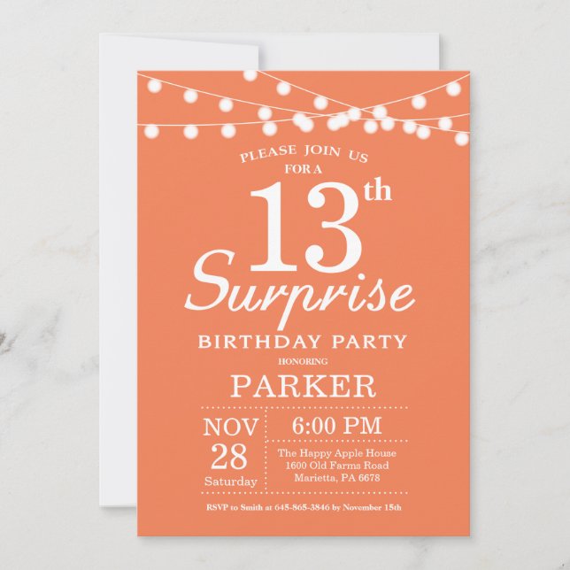 Surprise 13th Birthday Invitation Coral (Front)