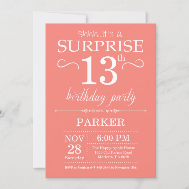 Surprise 13th Birthday Invitation Coral (Front)