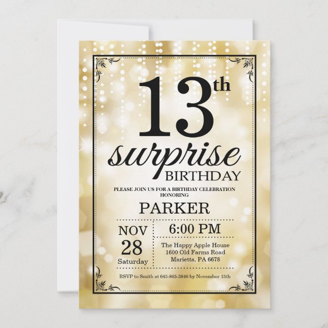 Surprise 13th Birthday Invitation Gold Glitter (Front)