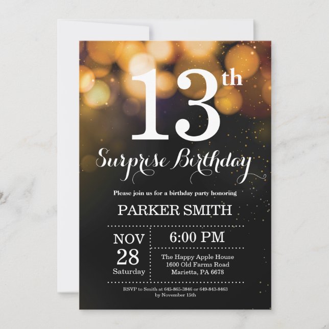 Surprise 13th Birthday Invitation Gold Glitter (Front)