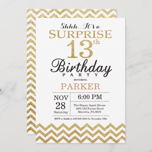 Surprise 13th Birthday Invitation Gold Glitter (Front/Back)