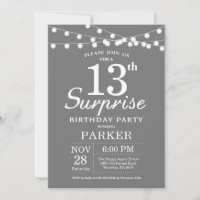 Surprise 13th Birthday Invitation Grey and White