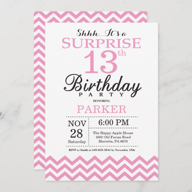 Surprise 13th Birthday Invitation Pink Chevron (Front/Back)