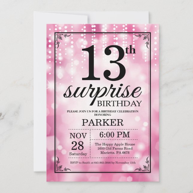 Surprise 13th Birthday Invitation Pink Glitter (Front)