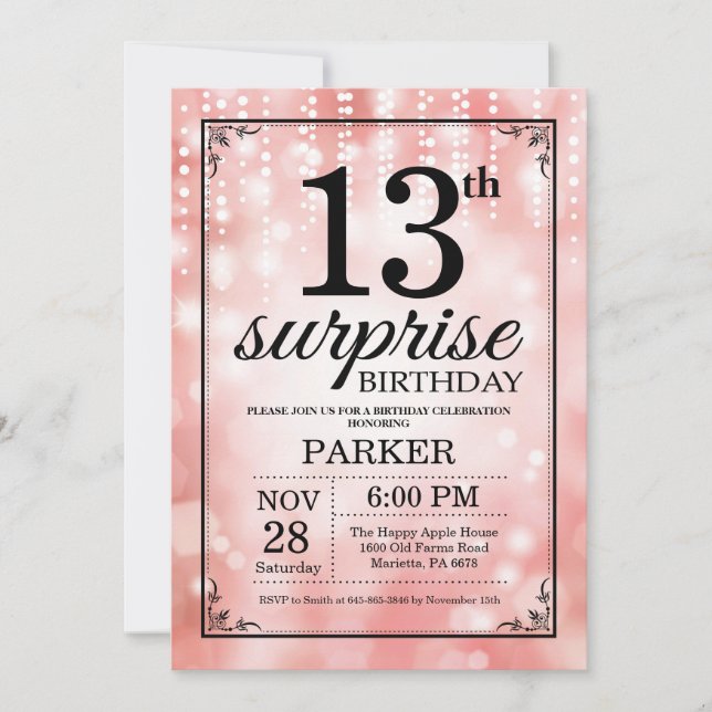 Surprise 13th Birthday Invitation Pink Glitter (Front)