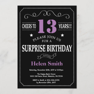 Surprise 13th Birthday Invitation Purple and Black