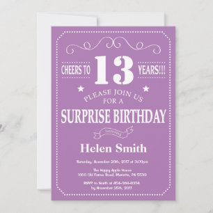 Surprise 13th Birthday Invitation Purple and White