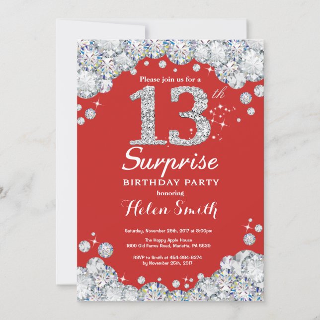 Surprise 13th Birthday Invitation Silver Diamond (Front)