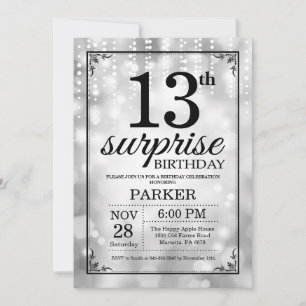 Surprise 13th Birthday Invitation Silver Glitter