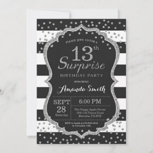 Surprise 13th Birthday Invitation. Silver Glitter Invitation
