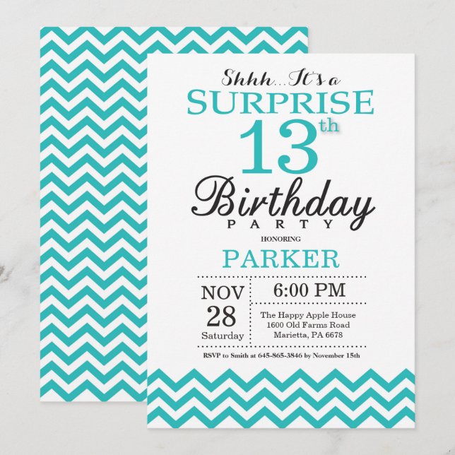Surprise 13th Birthday Invitation Teal Chevron (Front/Back)
