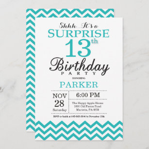 Surprise 13th Birthday Invitation Teal Chevron