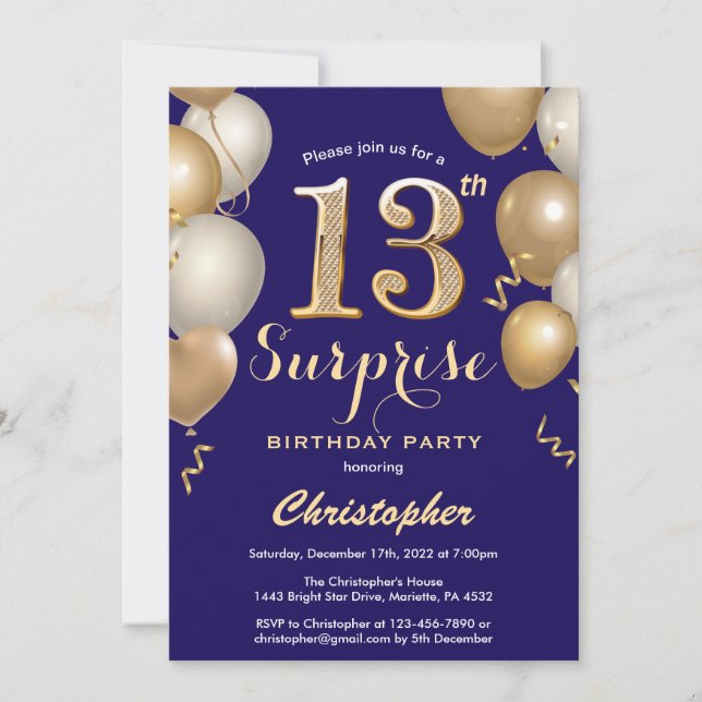 Surprise 13th Birthday Navy Blue and Gold Balloons Invitation (Front)