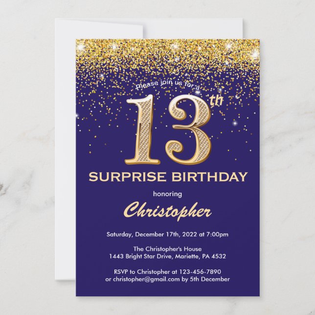 Surprise 13th Birthday Navy Blue and Gold Glitter Invitation (Front)