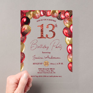 Surprise 13th Birthday Party Gold Burgundy Glitter Acrylic Invitations