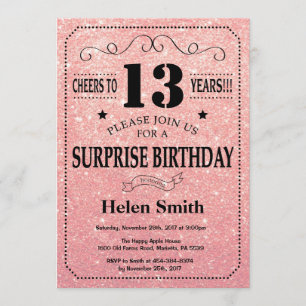 Surprise 13th Birthday Pink Rose Gold Glitter Invitation