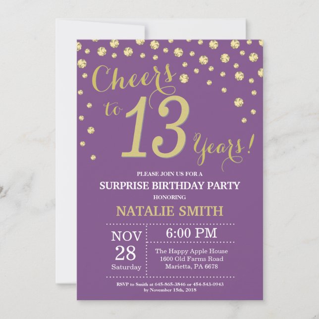 Surprise 13th Birthday Purple and Gold Diamond Invitation (Front)