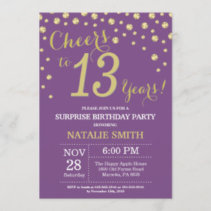 Surprise 13th Birthday Purple and Gold Diamond Invitation