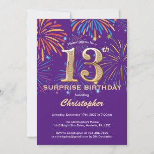 Surprise 13th Birthday Purple and Gold Firework Invitation