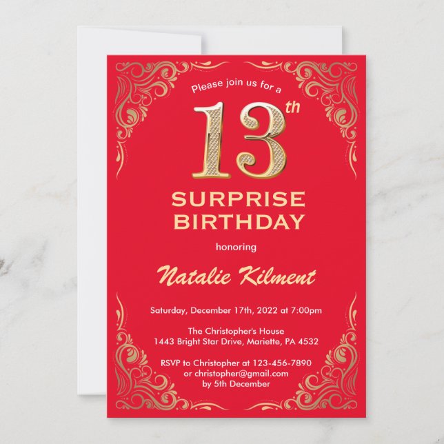 Surprise 13th Birthday Red and Gold Glitter Invitation (Front)