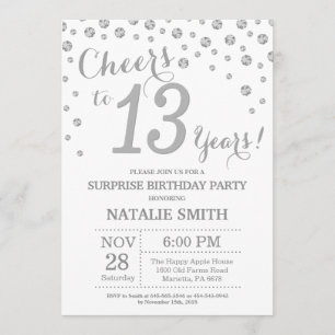 Surprise 13th Birthday Silver Glitter Diamond Invitation
