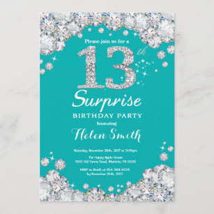 Surprise 13th Birthday Teal and Silver Diamond Invitation