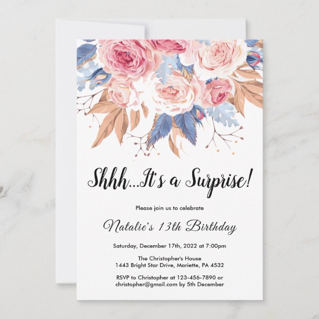 Surprise 13th Birthday Watercolor Botanical Floral Invitation (Front)
