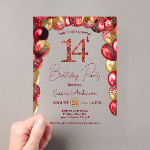 Surprise 14th Birthday Party Gold Burgundy Glitter Acrylic Invitations