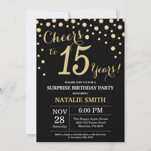 Surprise 15th Birthday Black and Gold Diamond Invitation (Front)