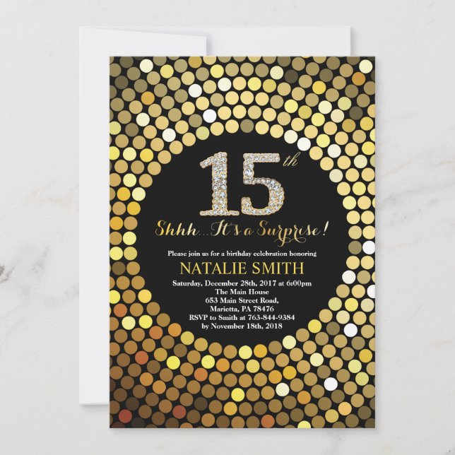 Surprise 15th Birthday Black and Gold Glitter Invitation (Front)