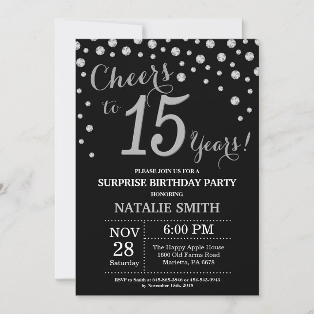 Surprise 15th Birthday Black and Silver Diamond Invitation (Front)