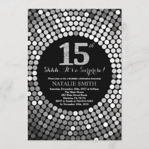 Surprise 15th Birthday Black and Silver Glitter Invitation