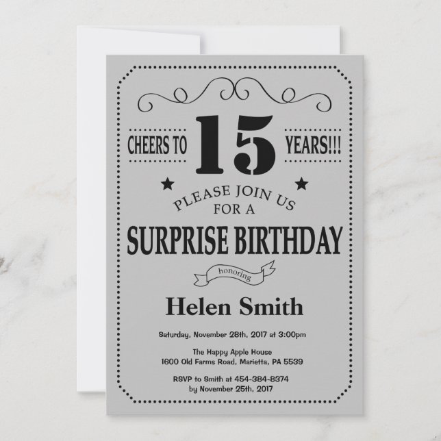 Surprise 15th Birthday Black and Silver Grey Invitation (Front)