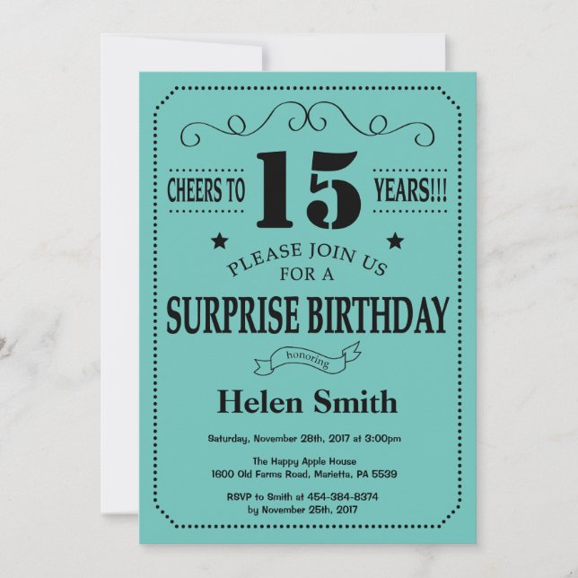 Surprise 15th Birthday Black and Teal Invitation (Front)