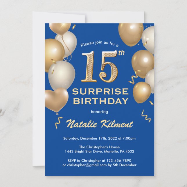 Surprise 15th Birthday Blue and Gold Balloons Invitation (Front)