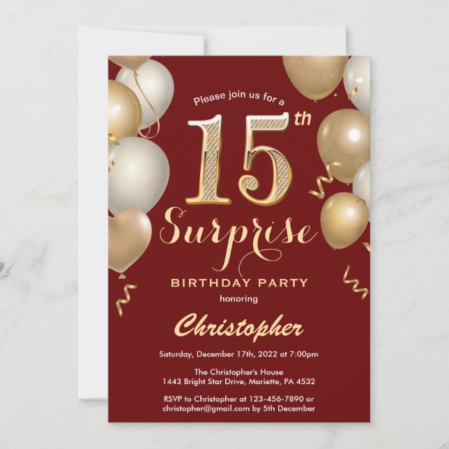Surprise 15th Birthday Dark Red and Gold Balloons Invitation (Front)