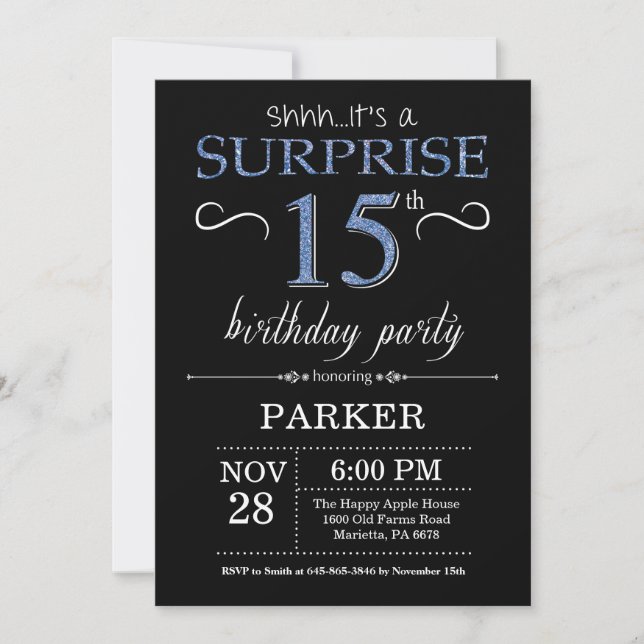 Surprise 15th Birthday Invitation Black and Blue (Front)