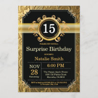 Surprise 15th Birthday Invitation Black and Gold