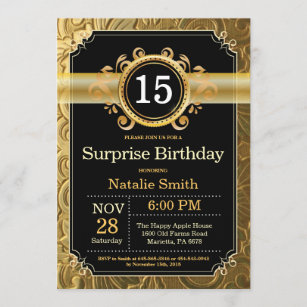 Surprise 15th Birthday Invitation Black and Gold