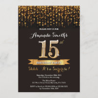 Surprise 15th Birthday Invitation Black and Gold