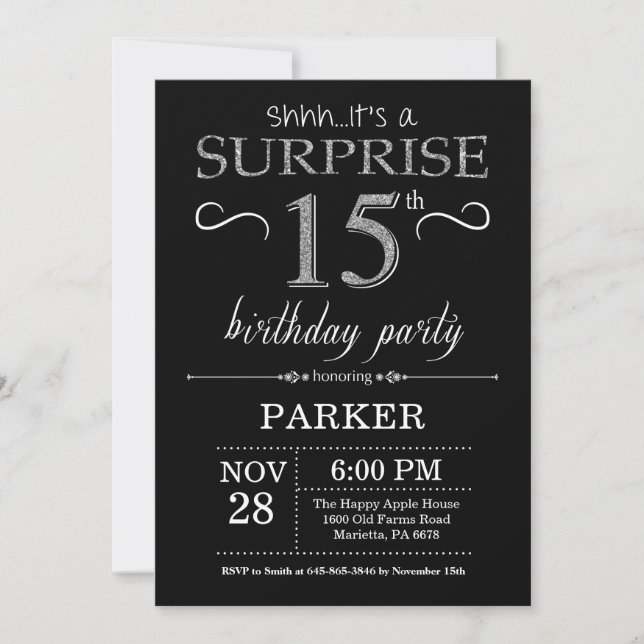 Surprise 15th Birthday Invitation Black and Silver (Front)