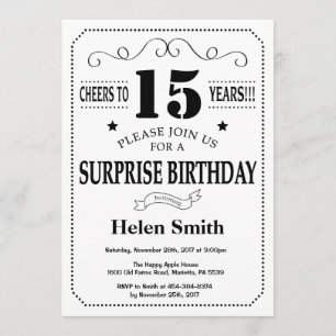 Surprise 15th Birthday Invitation Black and White