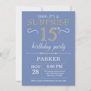 Surprise 15th Birthday Invitation Blue and Gold
