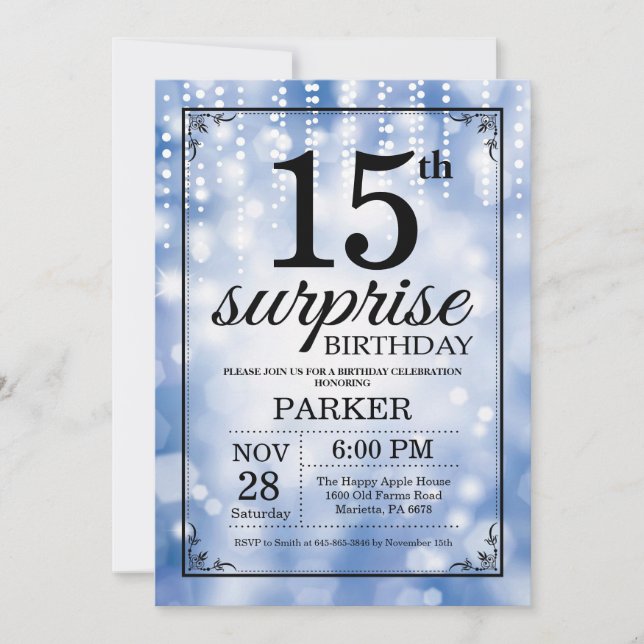 Surprise 15th Birthday Invitation Blue Glitter (Front)