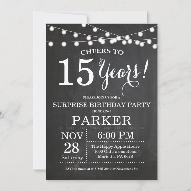 Surprise 15th Birthday Invitation Chalkboard (Front)
