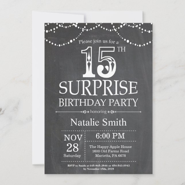 Surprise 15th Birthday Invitation Chalkboard (Front)