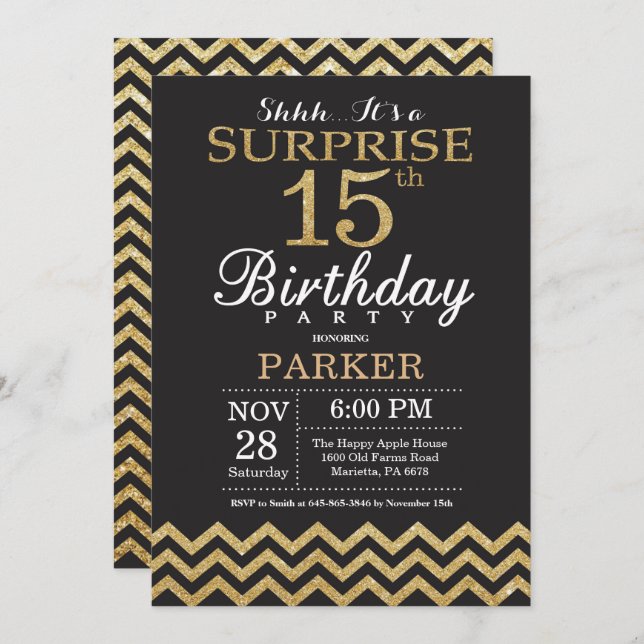Surprise 15th Birthday Invitation Gold Glitter (Front/Back)