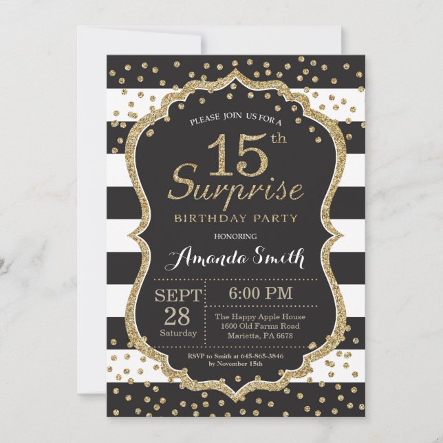 Surprise 15th Birthday Invitation. Gold Glitter Invitation (Front)