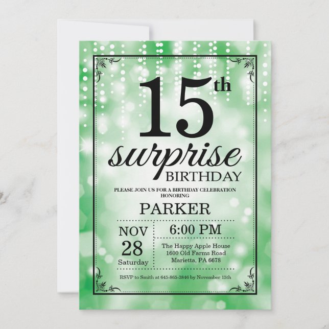 Surprise 15th Birthday Invitation Green Glitter (Front)
